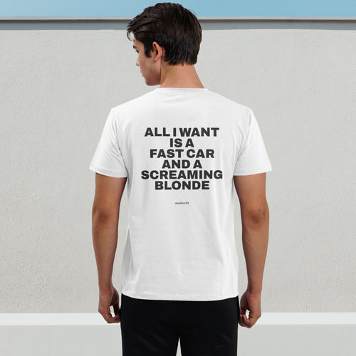 Fast car tee white, model back view